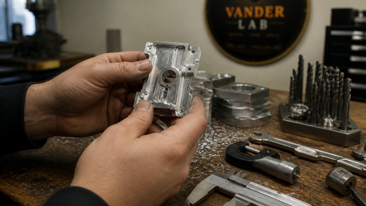Close-up of hands holding a precision-machined metal part with visible CNC tool marks, workshop tools and metal shavings in soft focus in the background