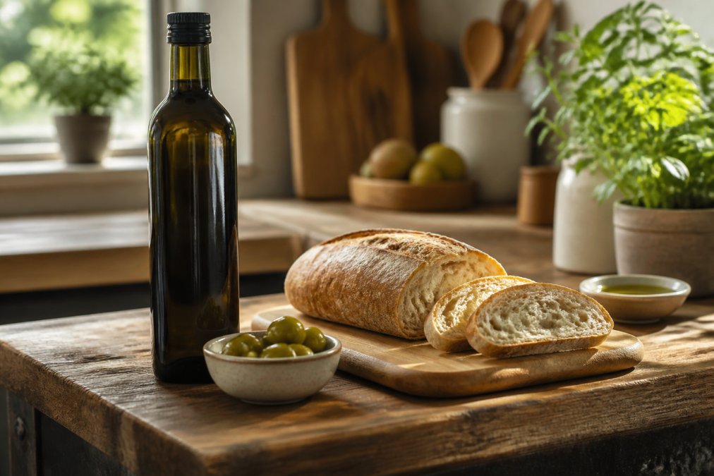 Dark glass bottle of olive oil on a kitchen bench with fresh bread and olives for an olive oil subscription experience.