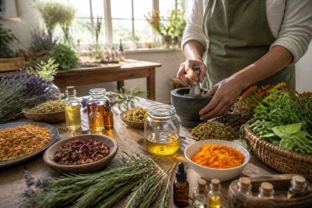 Close-up of fresh organic botanicals, pressed oils, and raw ingredients being hand-prepared in a bright artisanal skincare studio with natural morning light streaming through windows