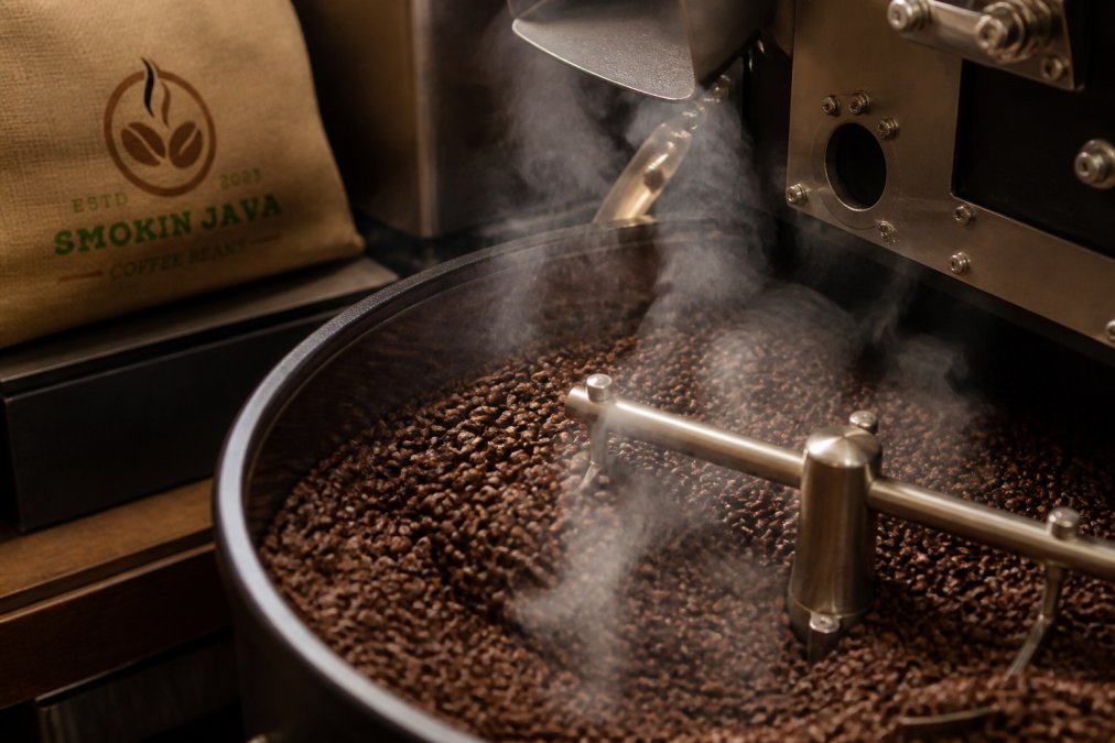 Close-up of freshly roasted coffee beans cooling in a small artisanal roaster, steam rising from the beans, showing rich dark color and glossy texture under warm studio lighting