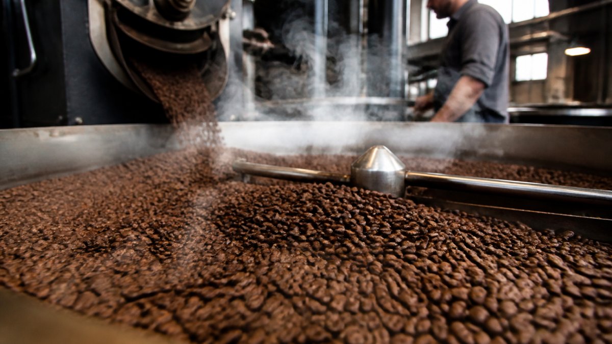 Close-up of freshly roasted coffee beans cooling on a metal tray in a small-batch roastery, with steam rising and roastmaster monitoring the process in background