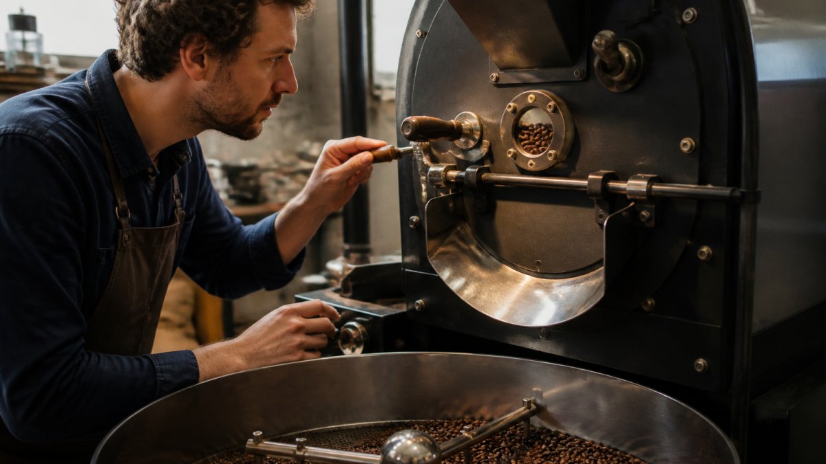 Specialty coffee roaster carefully monitoring small batch of beans in drum roaster, adjusting heat and airflow controls while observing bean color development through viewing port with focused concentration