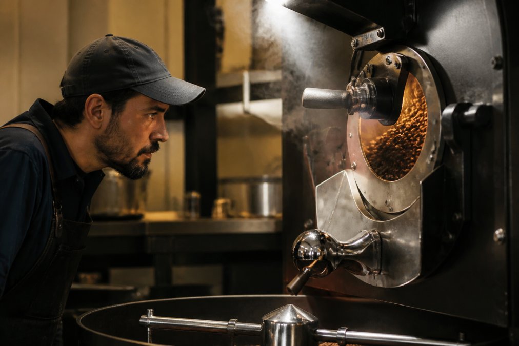 Professional roastmaster monitoring small-batch coffee roaster with intense focus, watching beans tumble in warm amber light with visible steam rising from the roasting chamber