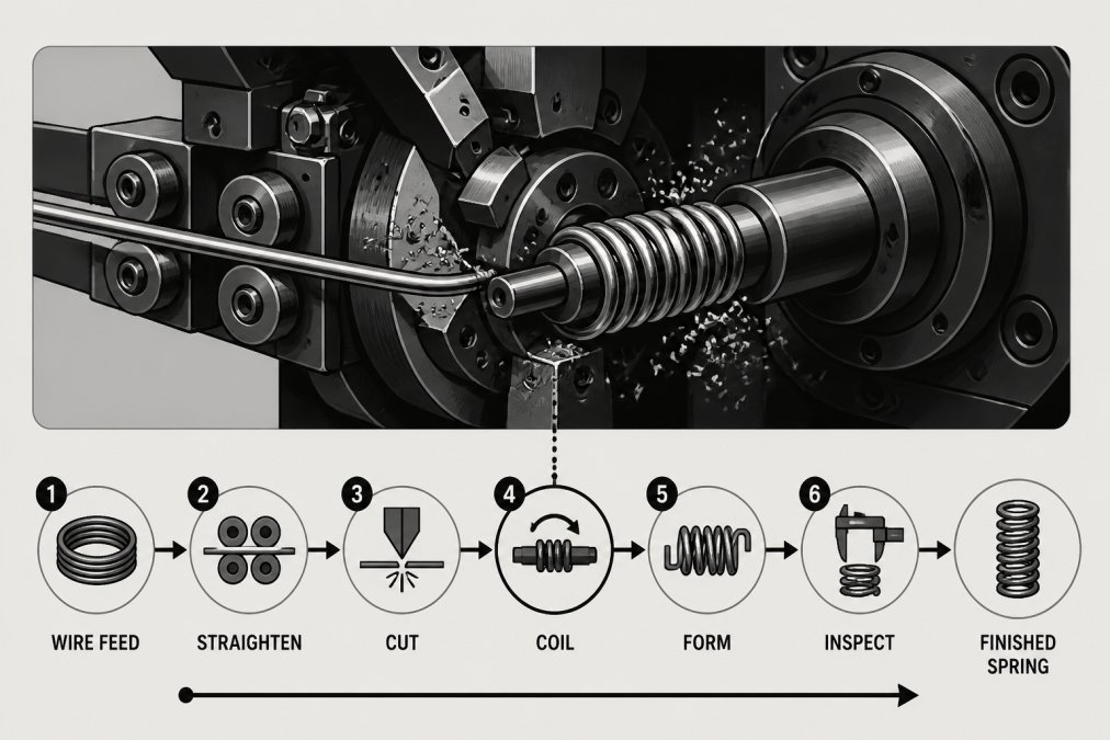 Close-up of precision spring coiling machinery with metal wire being wound onto a mandrel, showing the mechanical process in action with metal shavings and industrial lighting