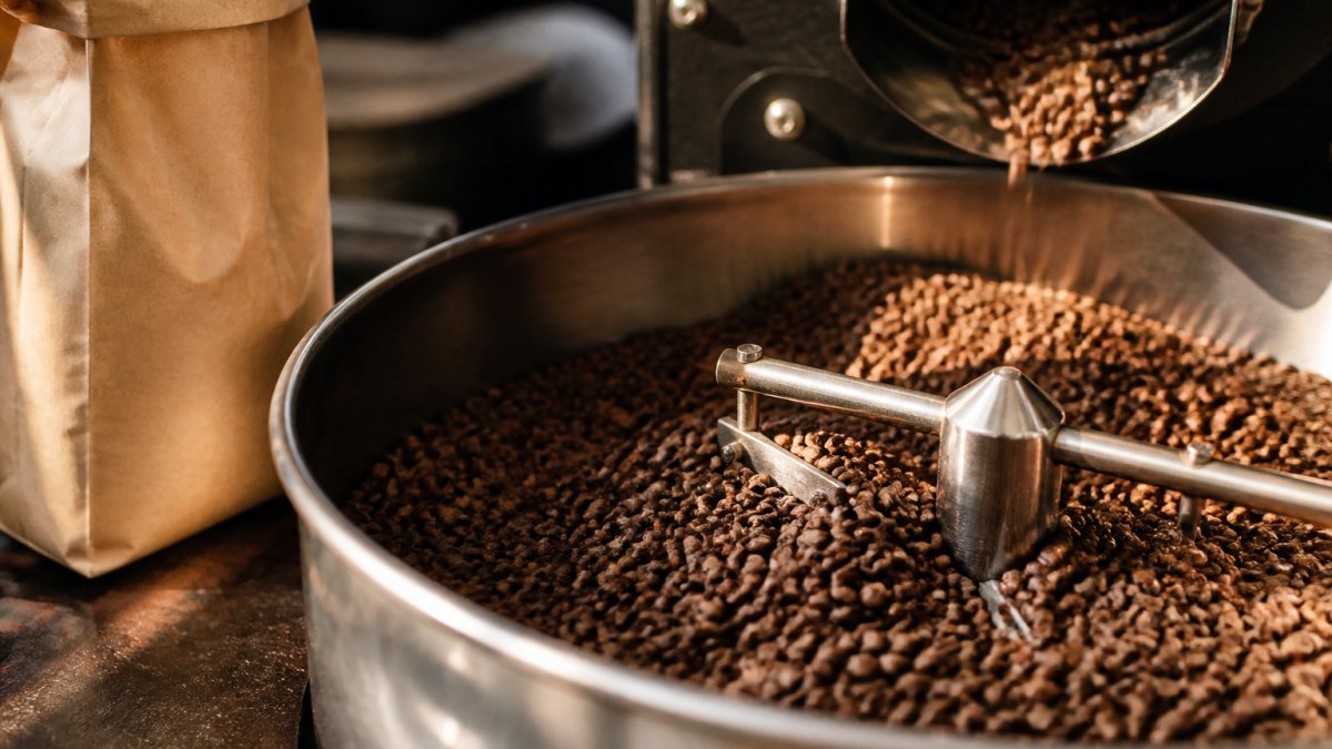 Close-up of freshly roasted coffee beans resting in a small cooling tray with visible roast-date stamp on a nearby bag, warm natural light
