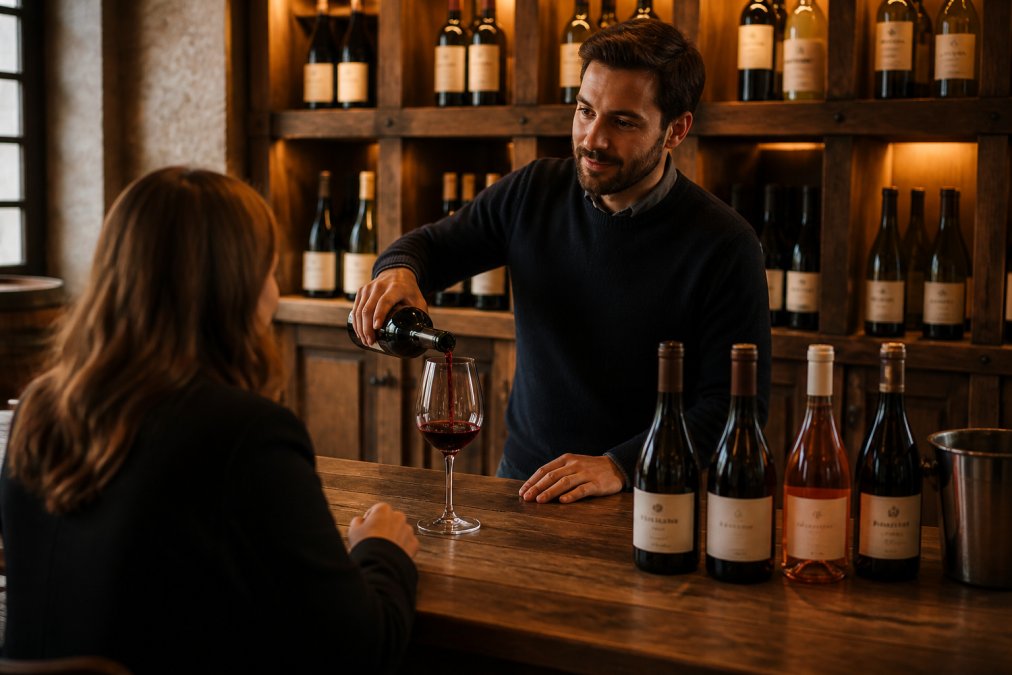 Sommelier pouring a glass of wine for a customer in an intimate tasting room, wine bottles displayed on wooden shelves in warm ambient lighting, both figures engaged in conversation