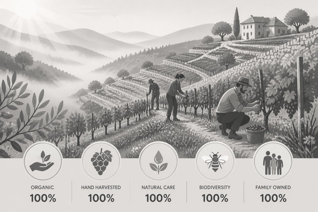 Small vineyard hillside with family winemakers tending to vines among terraced rows, morning sunlight filtering through mist, showing sustainable farming practices and natural landscape