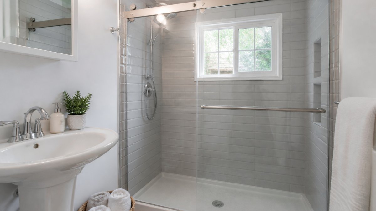 Modern small bathroom featuring a sleek sliding glass shower enclosure with light gray subway tile walls, white pedestal sink, and bright natural lighting creating an open, airy feel