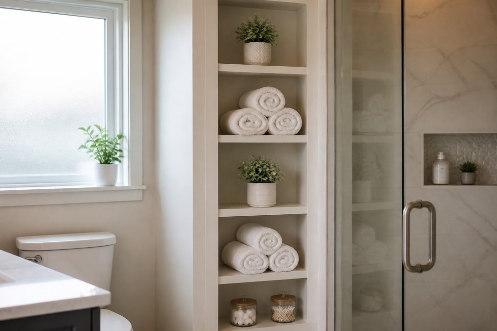A compact bathroom with floor-to-ceiling recessed shelves holding neatly rolled white towels, small potted plants, and glass jars, soft daylight from a frosted window