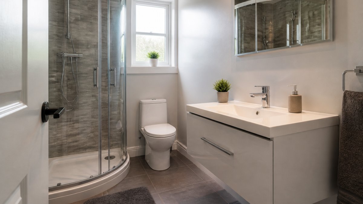 Diagram of an efficient small bathroom layout featuring a corner shower, floating vanity, and large mirror.