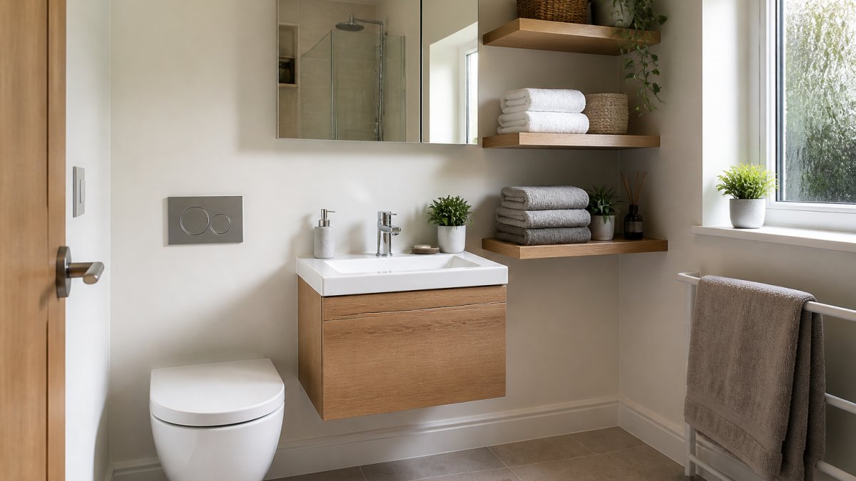 A compact bathroom with wall-mounted oak shelves, a mirrored cabinet and neatly folded towels, soft daylight from a small window keeping the floor clear