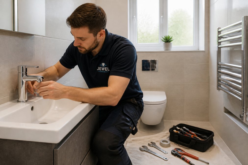 A plumber in a clean uniform fitting a new chrome tap onto a white basin in a compact modern bathroom, tools laid out on a protective sheet, natural daylight through a small window