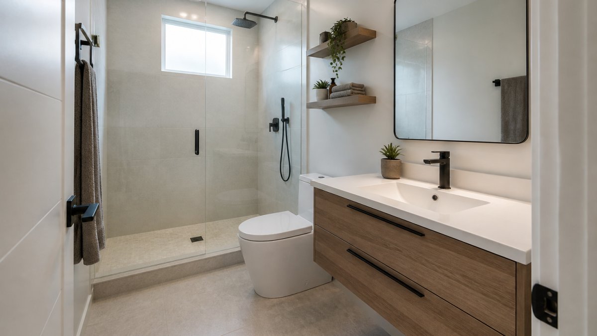 A bright, freshly renovated compact bathroom with a glass walk-in shower, floating vanity, and large-format light tiles, photographed from the doorway to show the full layout