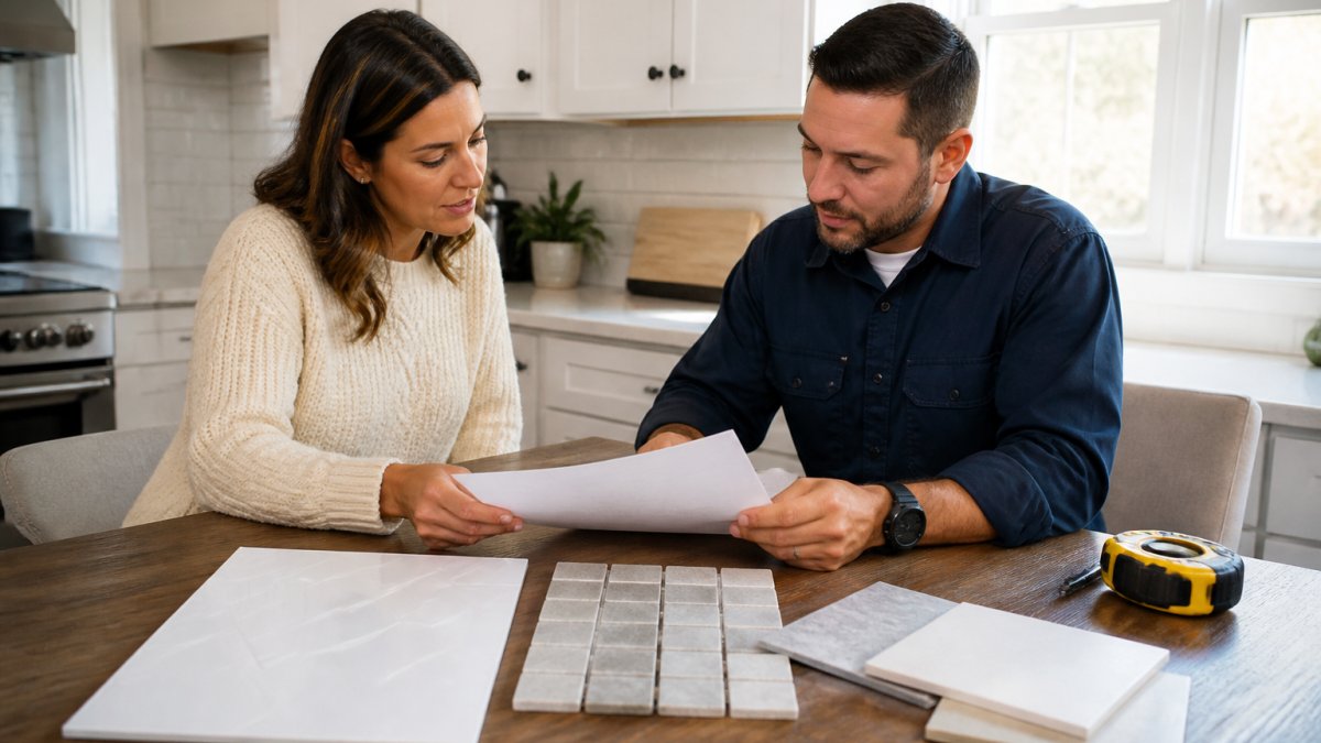 A homeowner and a contractor reviewing a printed renovation budget at a kitchen table, with tile samples and a measuring tape laid out beside them