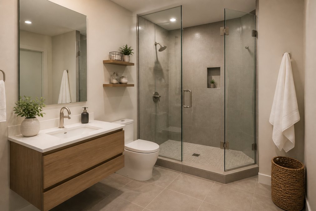 A beautifully renovated small bathroom featuring a walk-in corner shower with frameless glass enclosure, floating wall-mounted vanity with undermount sink, and large-format porcelain floor tiles in warm gray tones, photographed under warm recessed lighting