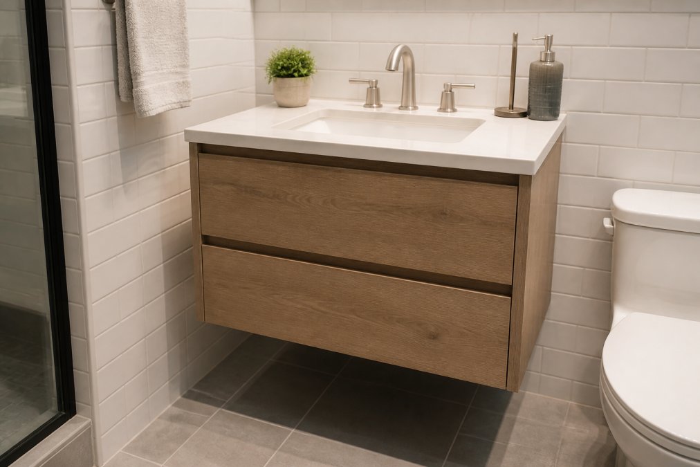 Close-up of a modern floating wall-mounted vanity with a rectangular undermount sink, brushed nickel faucet, and open floor space beneath, set against large-format white subway tile in a compact luxury bathroom with warm lighting