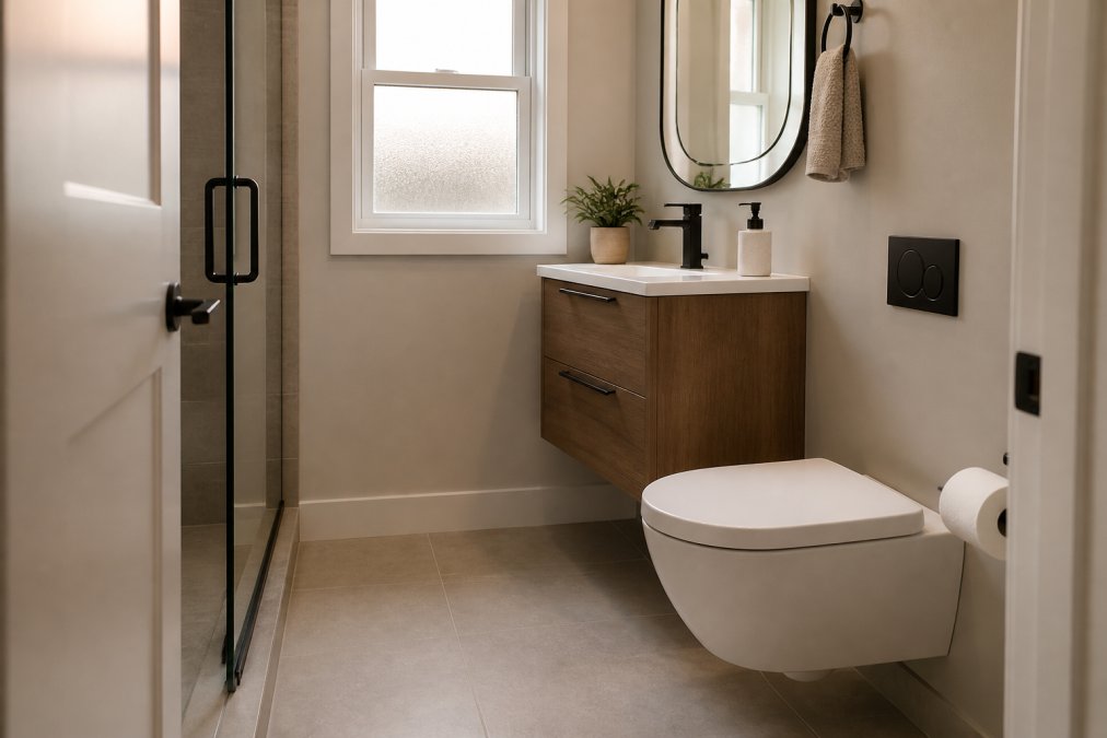 A freshly remodeled small bathroom with a wall-mounted floating vanity in warm wood, a corner sink, and a wall-mounted toilet, showing open floor space beneath the fixtures, bright natural light from a small frosted window, clean modern matte finishes