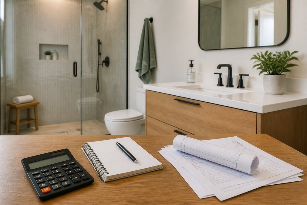 A bright, modern small bathroom with a walk-in shower, floating vanity, and large mirror to make the space feel larger