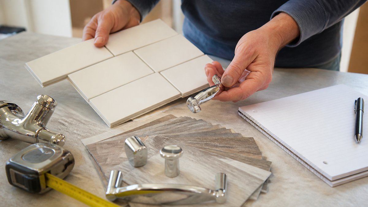 Close-up of contractor's hands holding ceramic tile samples, chrome vanity hardware, and vinyl flooring swatches arranged on a work table with a tape measure and cost estimate notebook