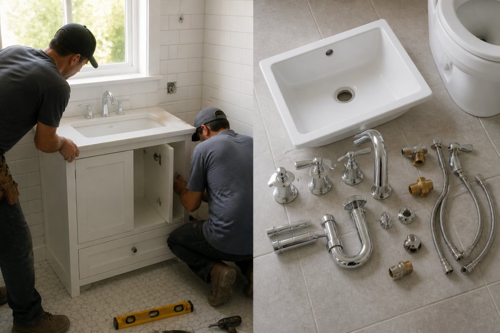 Licensed contractor and helper installing white vanity cabinet and chrome faucet fixtures in a small bathroom with white subway tile walls, natural light from window, active renovation work with tools visible