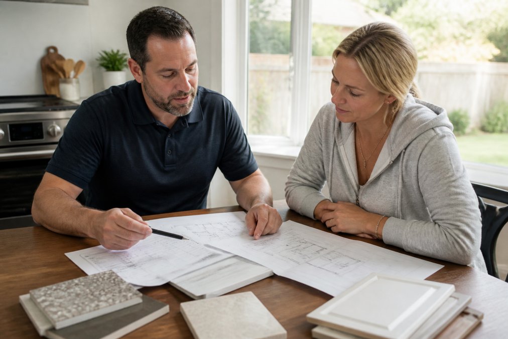 Professional contractor in polo shirt reviewing detailed bathroom renovation project plans and cost estimate documents with homeowner at wooden kitchen table, natural daylight from window, blueprints and material samples visible