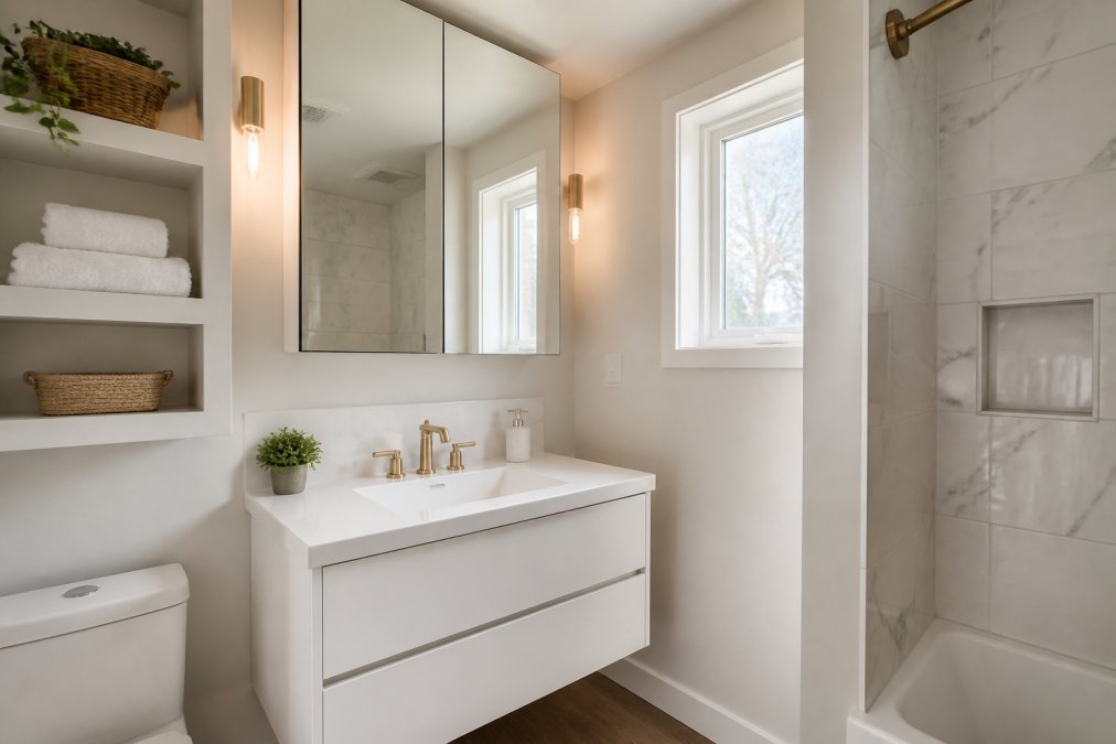 Bright small bathroom featuring a floating vanity and recessed shelving for vertical storage.