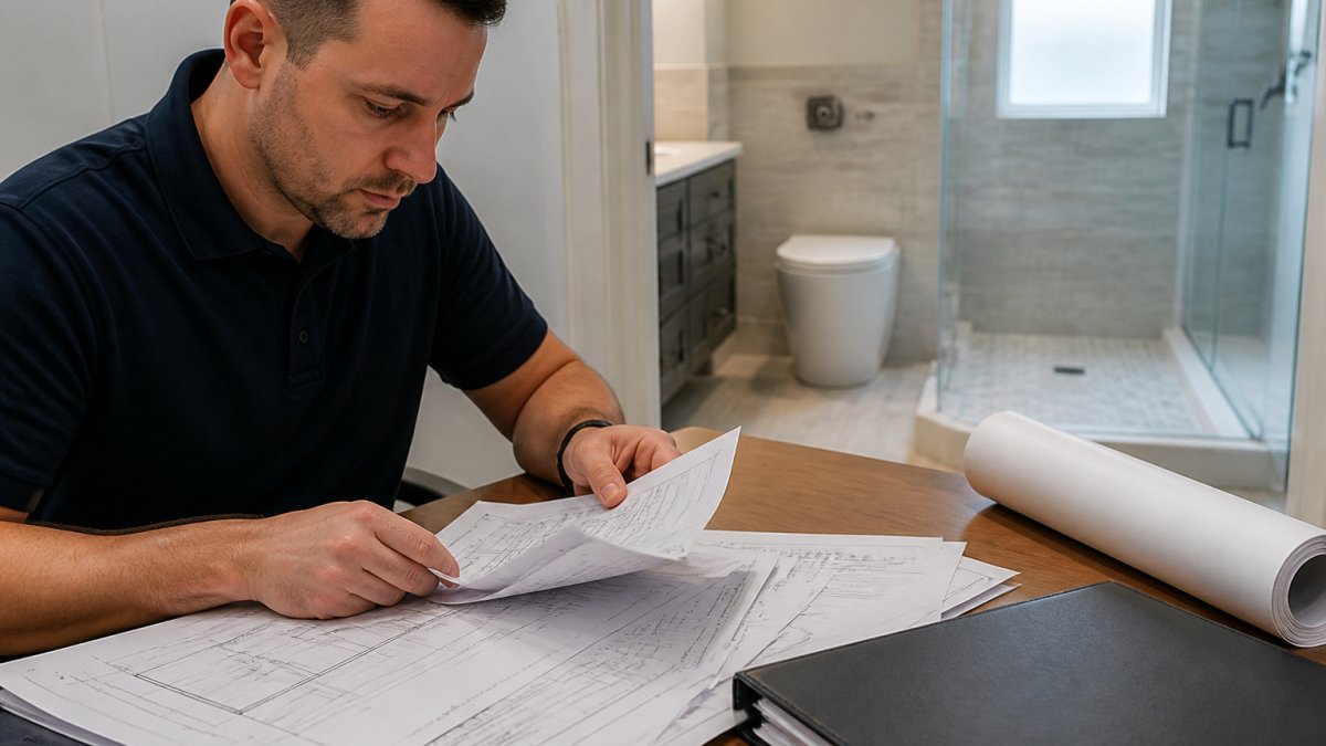 Professional contractor reviewing bathroom renovation plans and building code documents at a desk, with a small bathroom visible in the background, natural office lighting