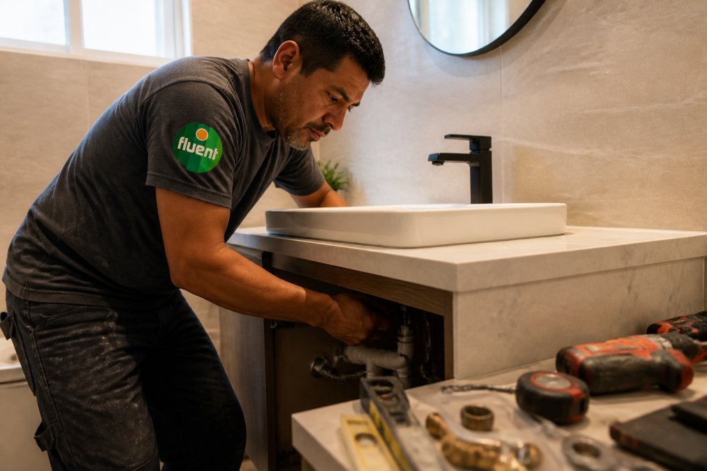 Contractor's hands installing a vanity sink with plumbing connections visible, tools spread on a marble counter in a small bathroom with neutral tile walls and soft natural light