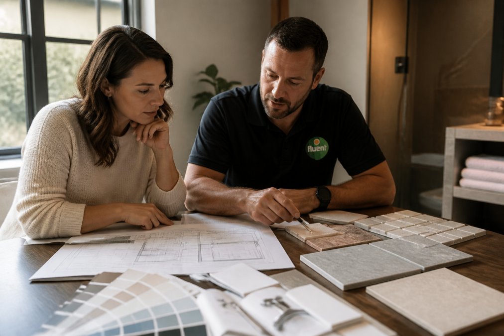 Homeowner and contractor reviewing material samples and renovation blueprints together at a table, discussing options with paint swatches, tile samples, and fixture catalogs spread out, natural window light illuminating the workspace