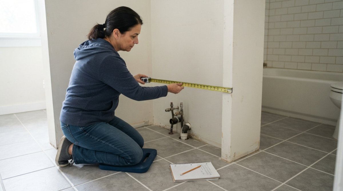 A homeowner kneeling on a tiled bathroom floor, using a metal tape measure to check the width of an empty wall alcove, with a notepad and pencil resting nearby on the floor