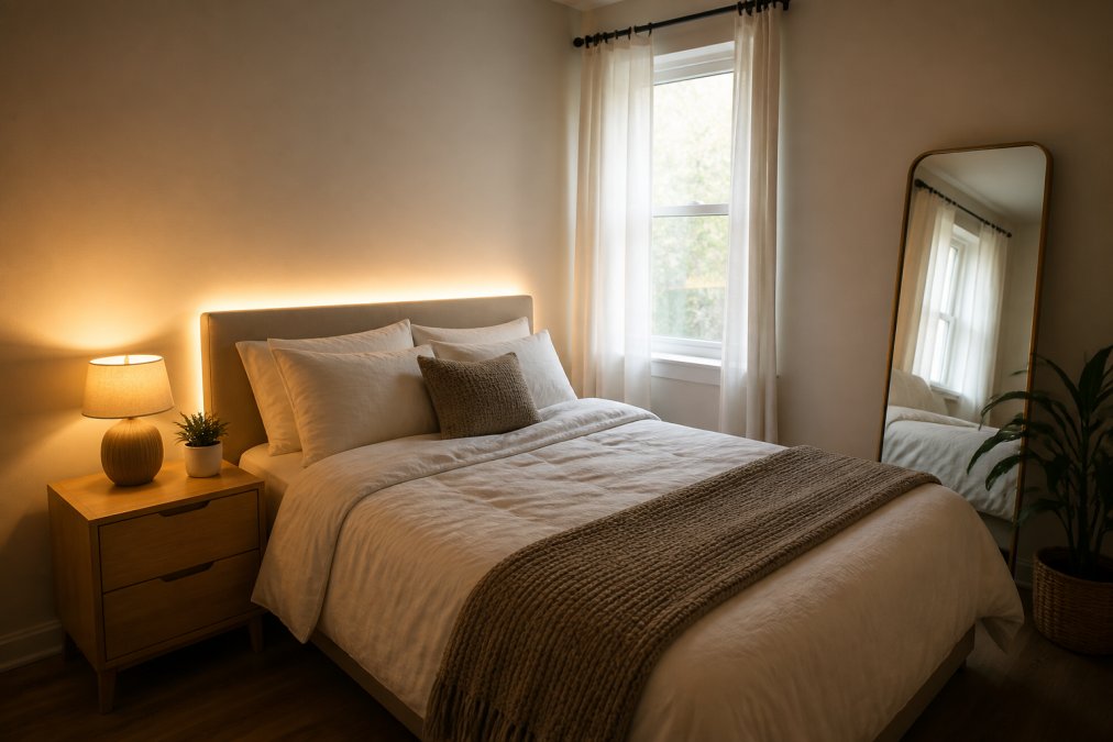 Small bedroom with layered lighting featuring a warm bedside lamp on wooden nightstand, LED strip light glowing softly behind headboard, and a mirror reflecting natural window light onto the wall opposite