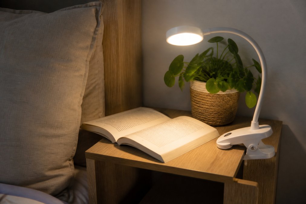 Close-up of a compact rechargeable clip-on lamp mounted securely to the edge of a small wooden bedside table, casting warm light onto an open book, minimal footprint visible