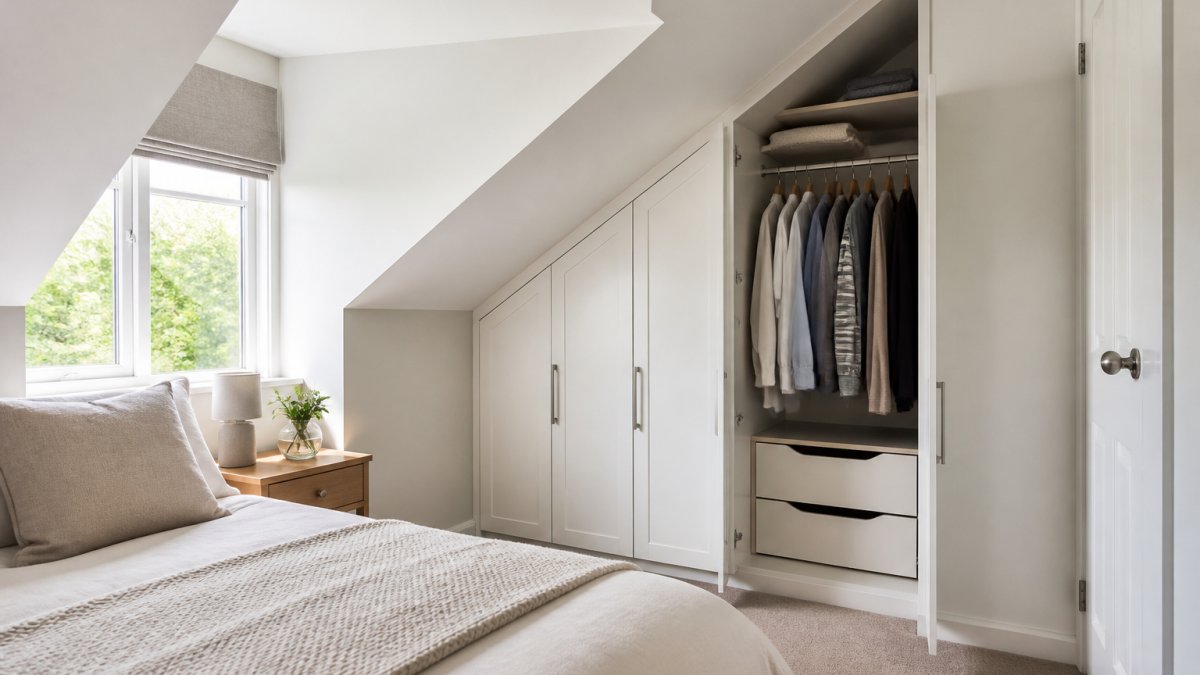 A bright small bedroom with a sloped ceiling, a fitted white wardrobe following the ceiling angle, a hanging rail visible inside, a neatly made bed and a small bedside table in soft daylight
