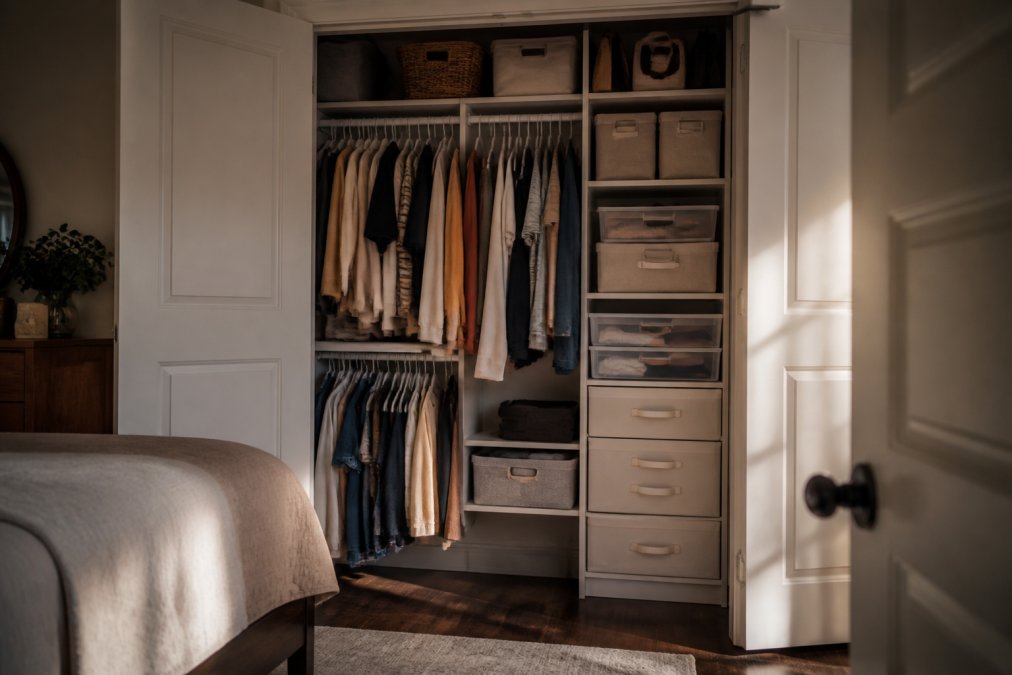 Neatly organized small bedroom closet with clothes hung on multi-tier hangers, fabric drawer organizers visible in shelving unit, and clear storage bins on shelves, showing a calm clutter-free space with natural light