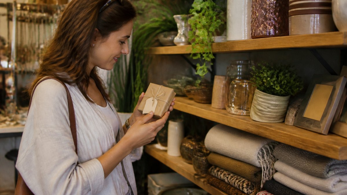 A woman holding a small, hand-wrapped gift with a kraft paper tag in one hand while browsing a warmly lit boutique shelf of curated home decor and accessories in the background