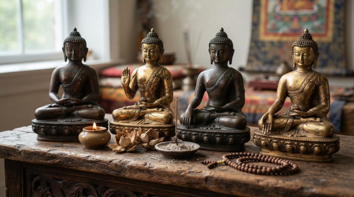 Close-up of hands in various Buddha mudra positions, Dhyana with palms upward in lap, Abhaya with raised open palm, Bhumisparsha pointing downward, Varada with extended downward palm, showing detailed finger positioning and hand gestures