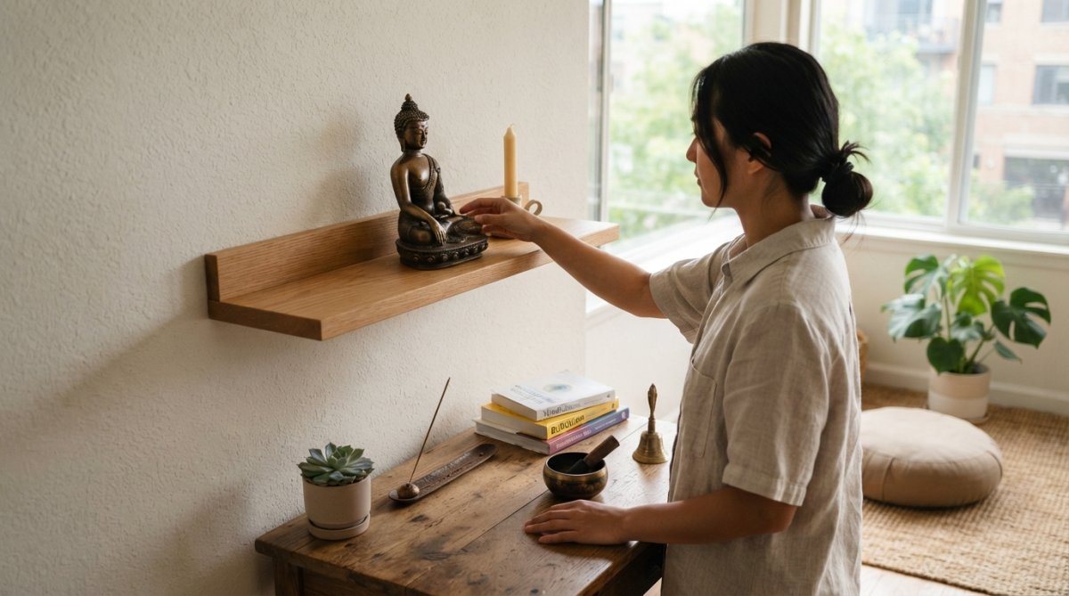 Serene meditation corner in a small apartment with a small Buddha statue as the focal point on a wooden shelf at eye level, surrounded by soft natural light from a nearby window, a single unlit candle, and open space on either side of the statue