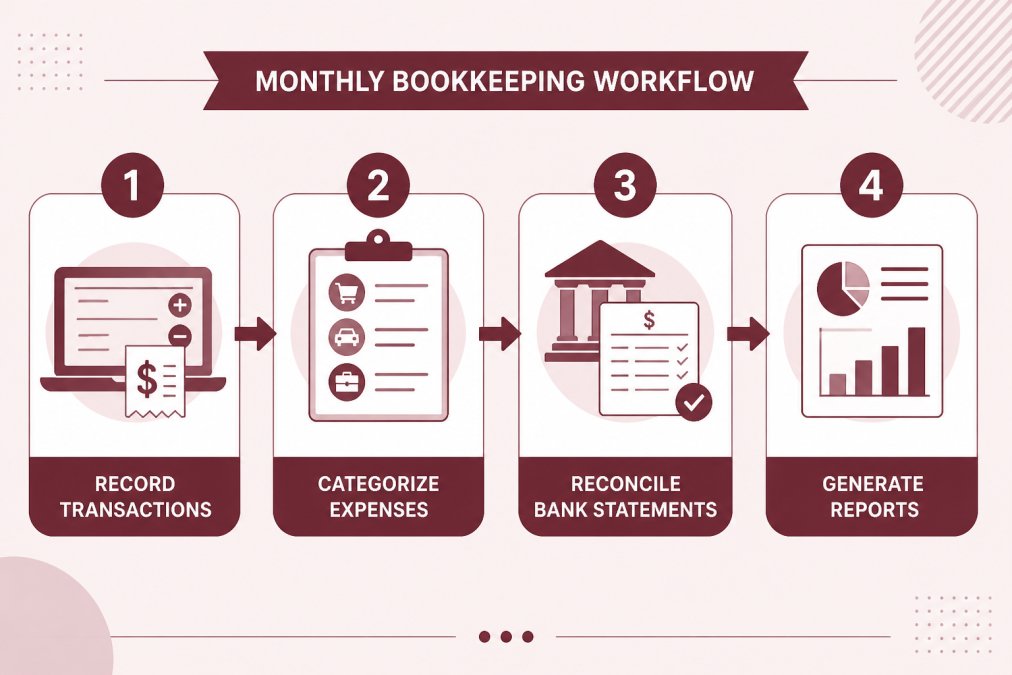 Flowchart showing monthly bookkeeping workflow: record all transactions → categorize expenses by account → reconcile bank statements → generate financial reports