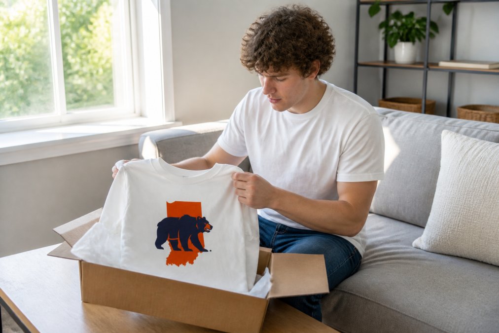 Customer carefully unboxing a premium apparel item at home, examining the garment's condition, original tags, and packaging under bright natural lighting from a window