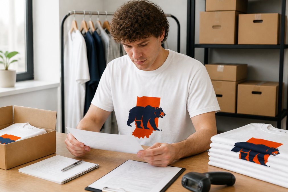 Small business owner or customer service representative carefully reviewing return policy documentation and customer details on a computer screen in a bright, organized office setting