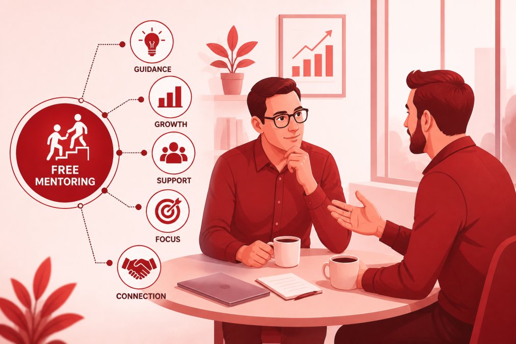 Two business professionals in casual office setting having a one-on-one conversation over coffee, one listening intently while the other shares insights, warm natural lighting from nearby window showing mentoring relationship and knowledge transfer