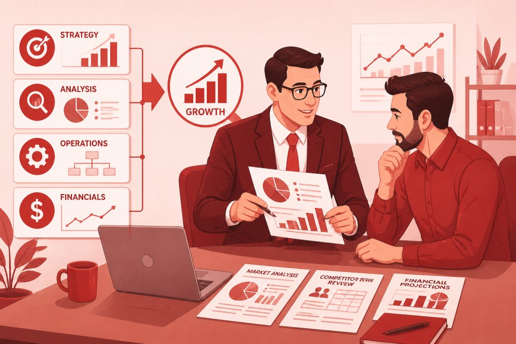 Business consultant presenting strategy findings and analysis documents to small business owner at desk with laptop and papers spread out, showing professional advisory engagement and collaborative problem-solving in modern office