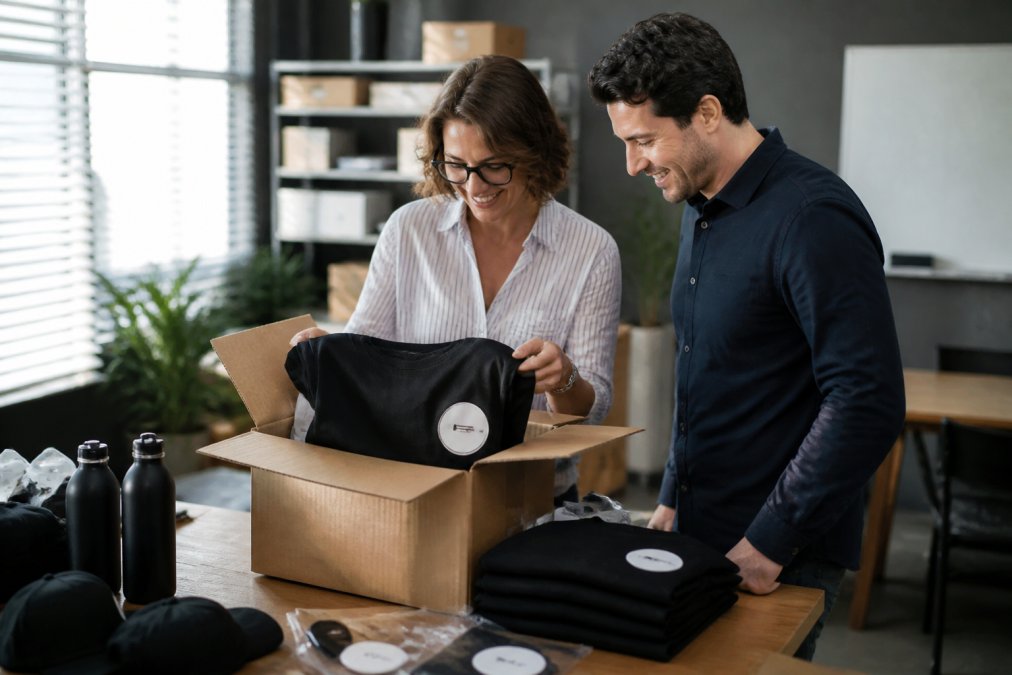 A small business owner unboxing branded t-shirts and promotional products in a bright, modern office, smiling with a team member