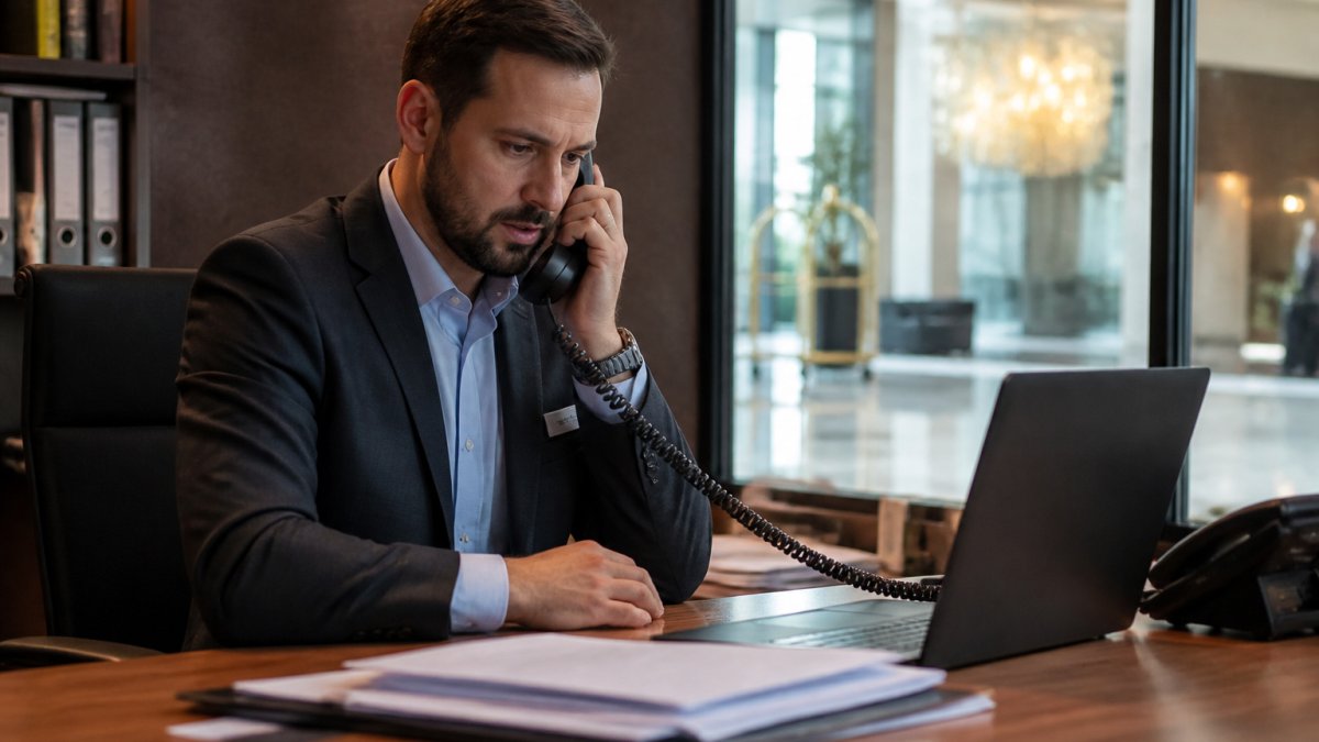 Hotel manager looking concerned on a phone call while reviewing security alerts for small business cyber coverage.