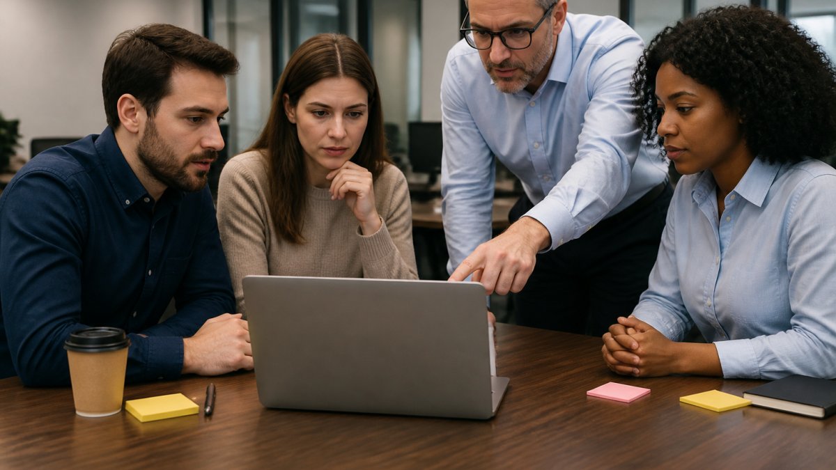 A team reviewing a phishing email on a laptop as part of their daily cybersecurity checklist procedures.