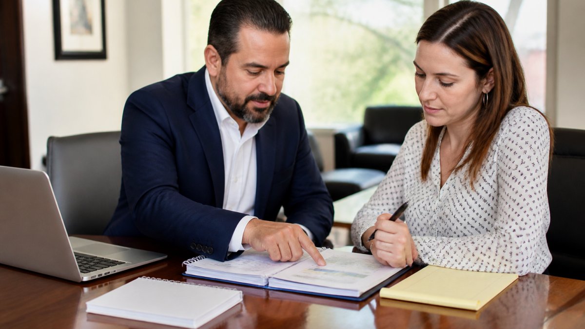 Professional business consultant and owner reviewing strategy documents together at conference table with laptop and notepad, natural office lighting