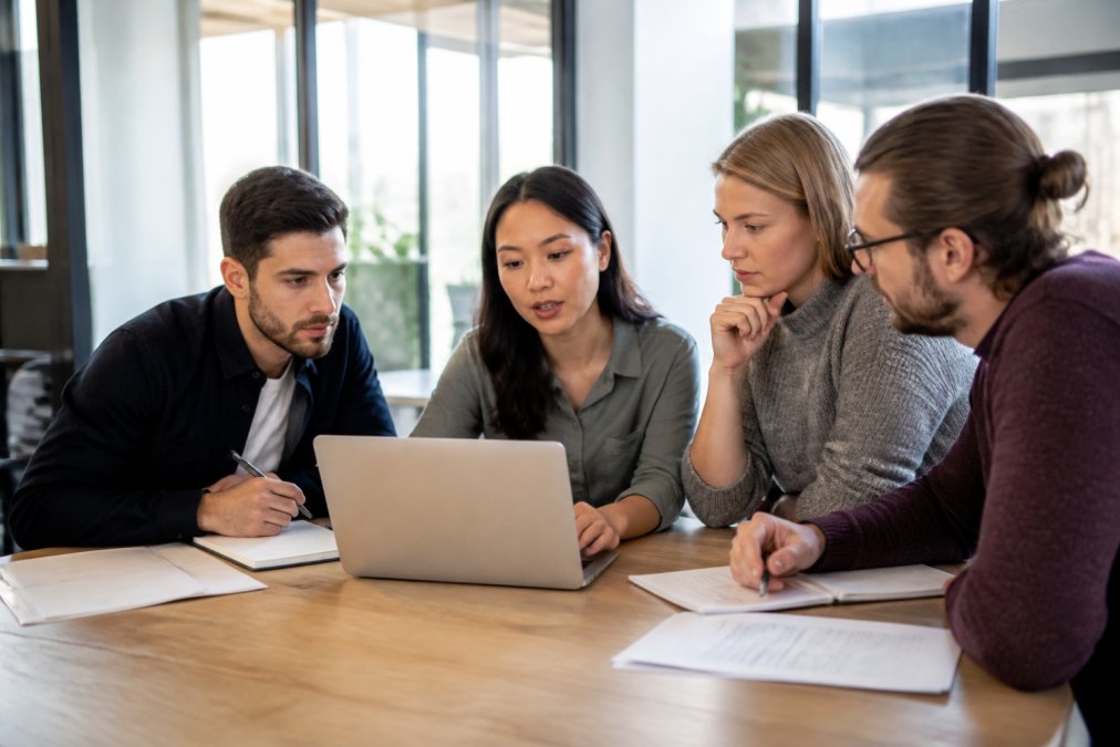 Business team reviewing sales metrics and performance data on a laptop during a strategy meeting in a modern office with natural lighting