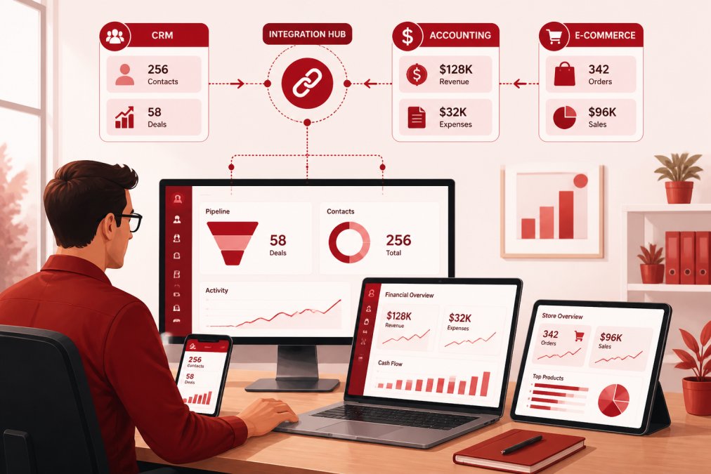 Entrepreneur working at desk with multiple devices showing CRM, accounting, and e-commerce platforms integrated together in modern workspace with natural lighting