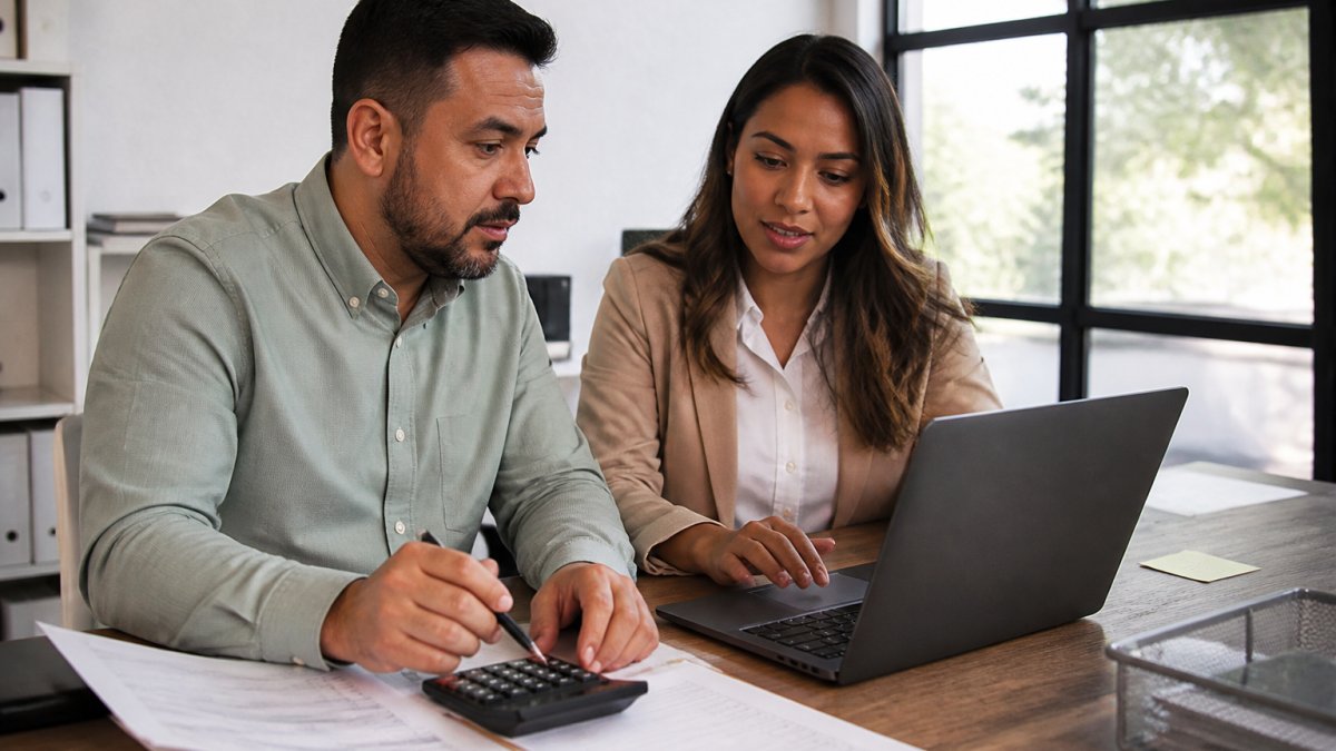 A small business owner and an employee reviewing a health insurance budget on a laptop in a bright office, with a calculator and paperwork on the desk
