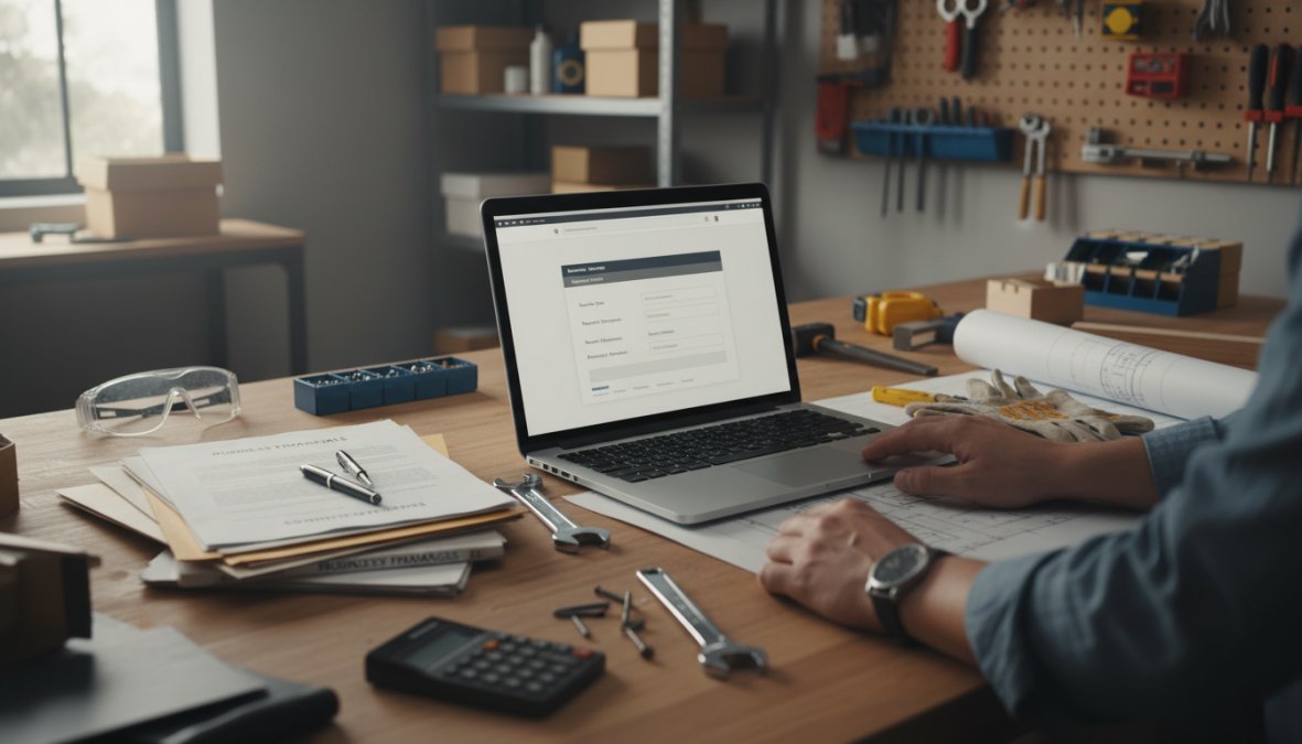 A professional insurance agent and a small business owner shaking hands across a desk with policy documents and an open laptop visible, in a bright professional office with large windows